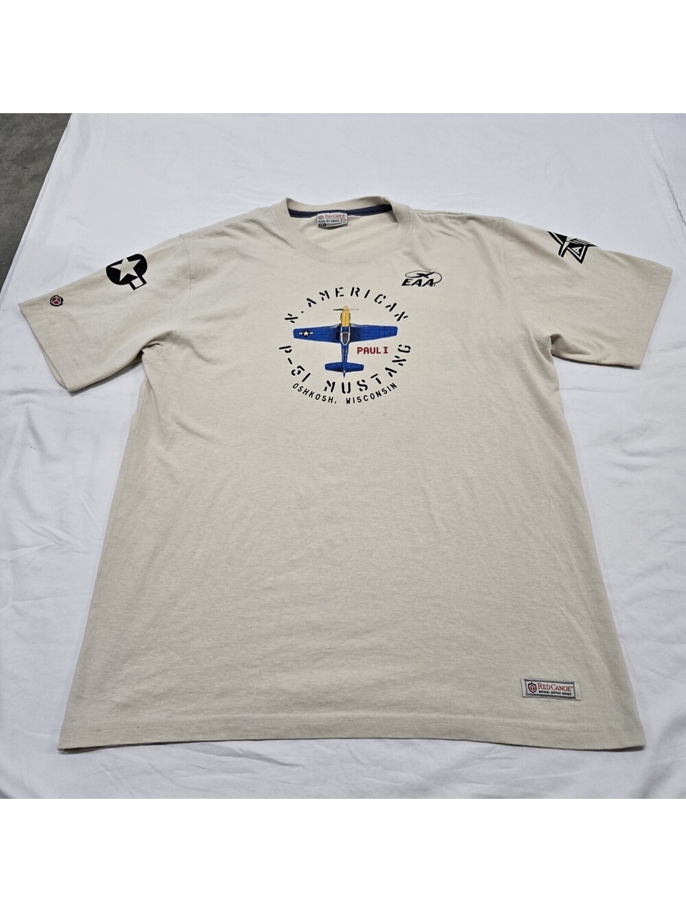 Size XXL Men's Red Canoe EAA T-Shirt Paul 1 P-51 Mustang Graphic Beige Oshkosh